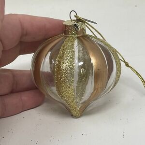 Thomas Pacconi Gold Glitter Striped Glass Christmas Ornament Onion Shape